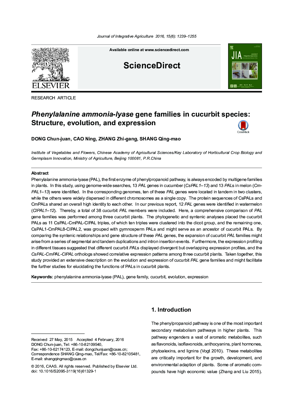 Phenylalanine ammonia-lyase gene families in cucurbit species: Structure, evolution, and expression