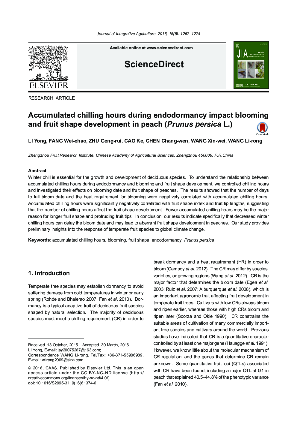 Accumulated chilling hours during endodormancy impact blooming and fruit shape development in peach (Prunus persica L.)