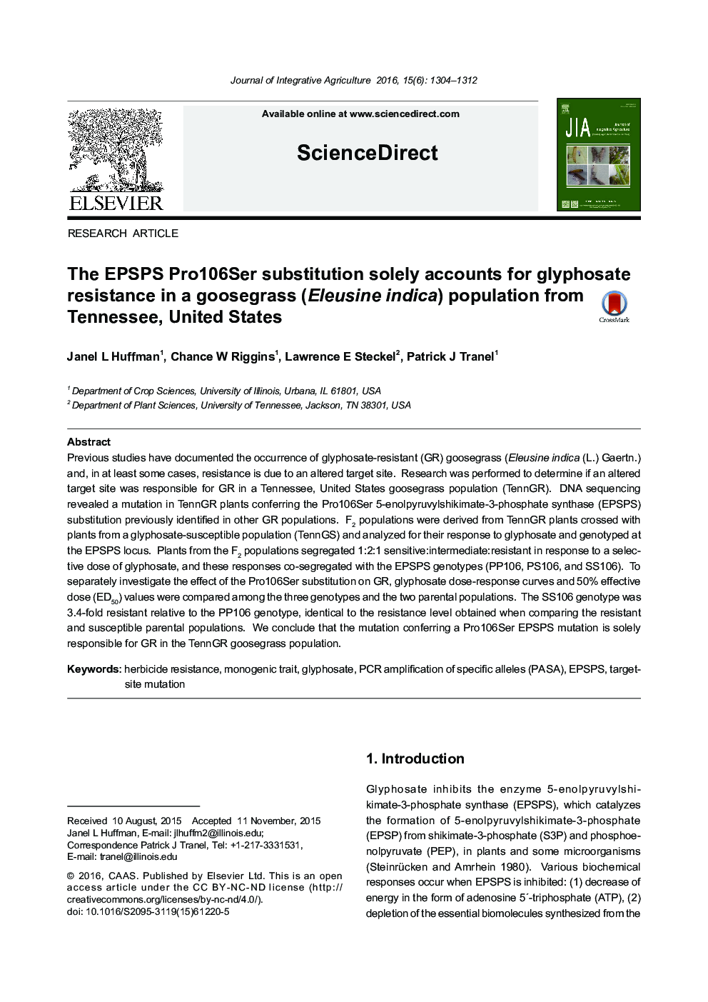 The EPSPS Pro106Ser substitution solely accounts for glyphosate resistance in a goosegrass (Eleusine indica) population from Tennessee, United States