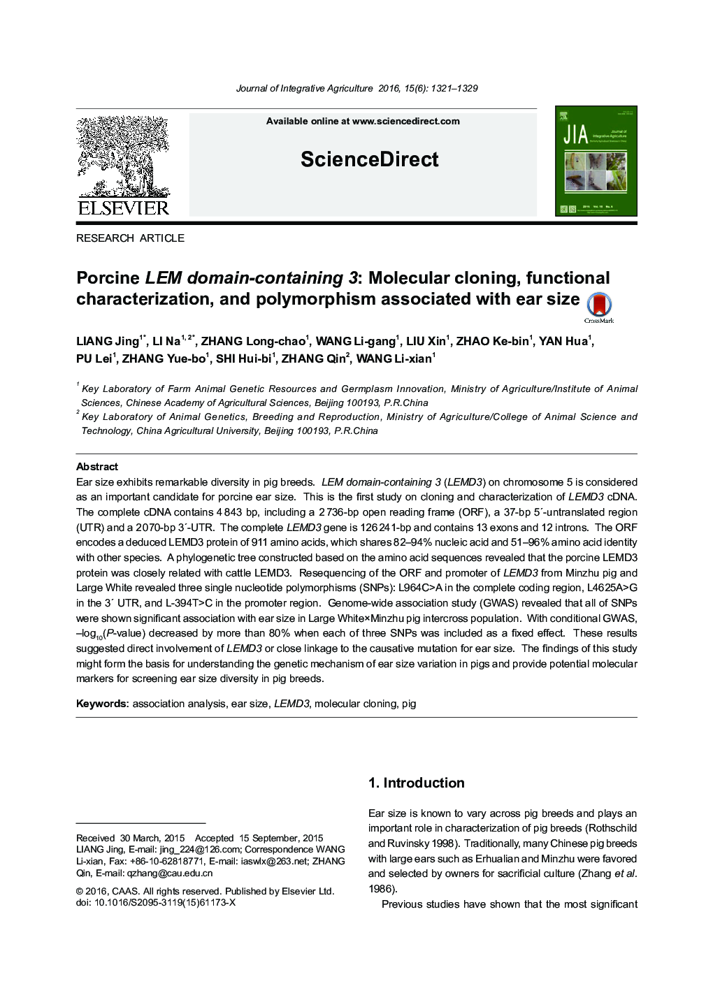 Porcine LEM domain-containing 3: Molecular cloning, functional characterization, and polymorphism associated with ear size