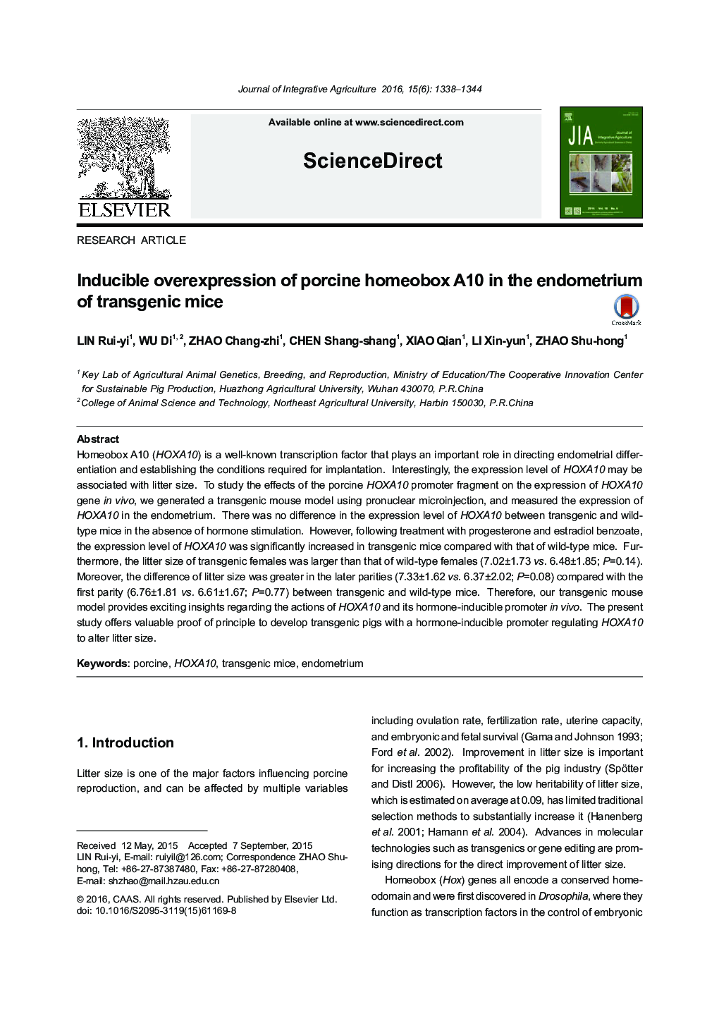 Inducible overexpression of porcine homeobox A10 in the endometrium of transgenic mice