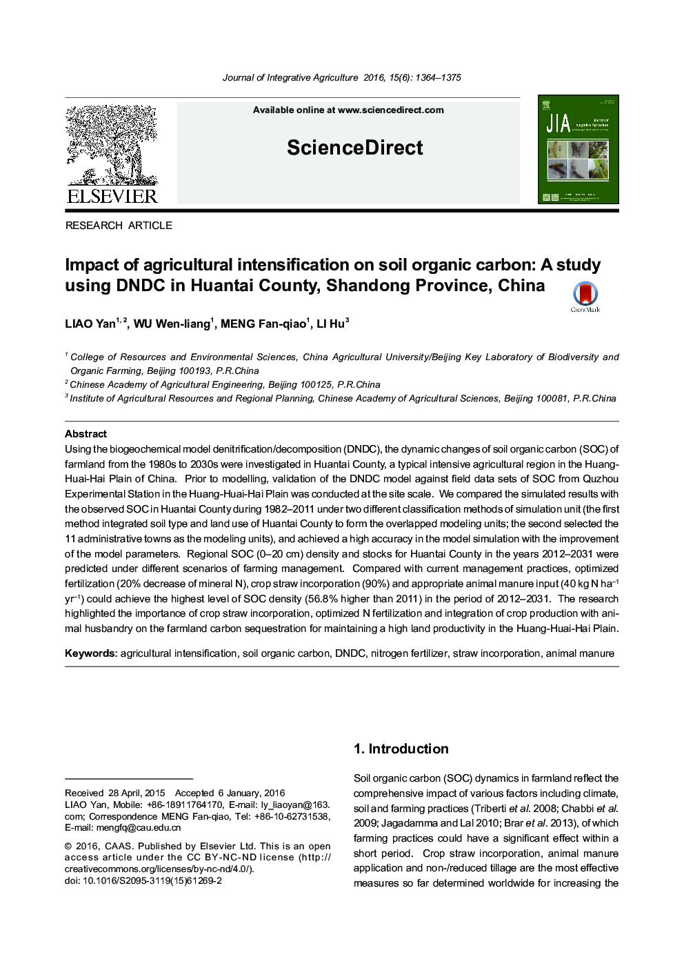 Impact of agricultural intensification on soil organic carbon: A study using DNDC in Huantai County, Shandong Province, China