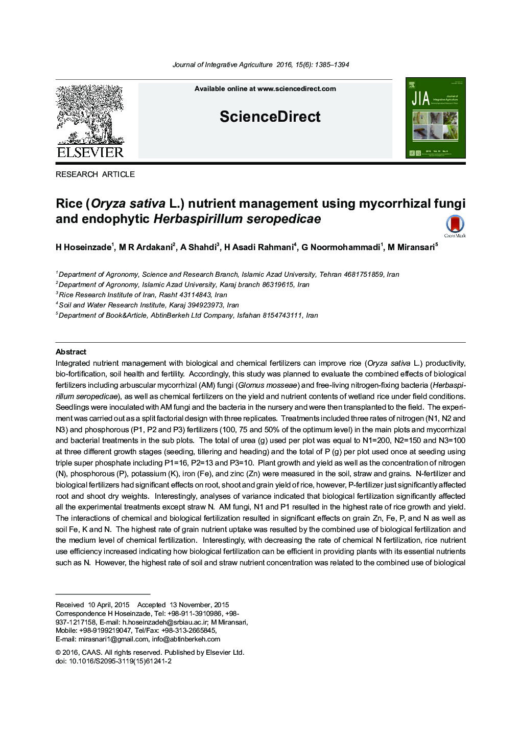 Rice (Oryza sativa L.) nutrient management using mycorrhizal fungi and endophytic Herbaspirillum seropedicae