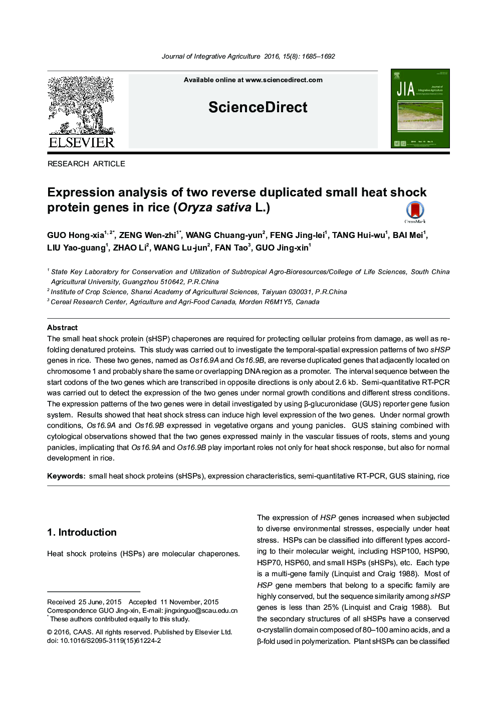 Expression analysis of two reverse duplicated small heat shock protein genes in rice (Oryza sativa L.)