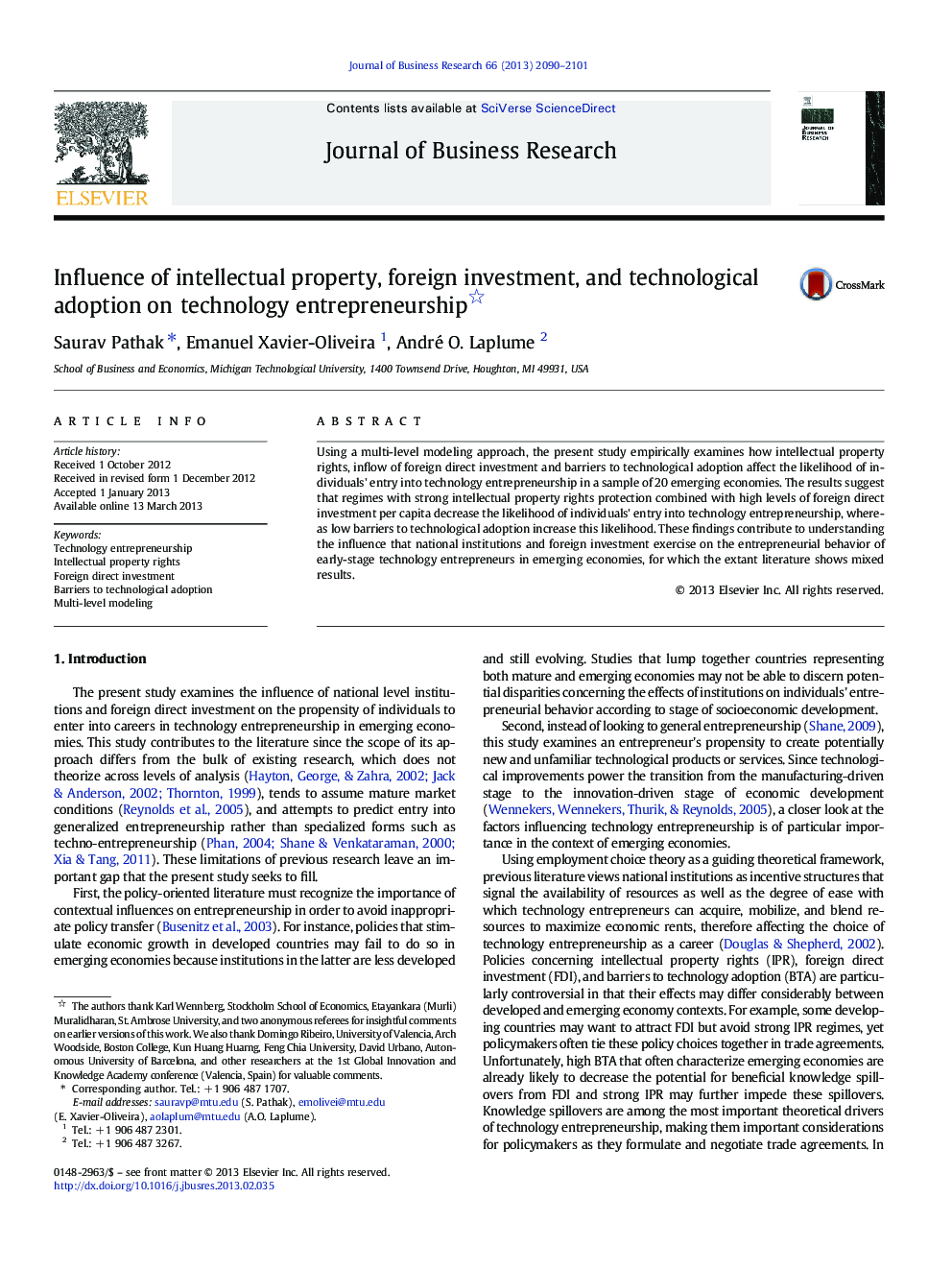 Influence of intellectual property, foreign investment, and technological adoption on technology entrepreneurship 