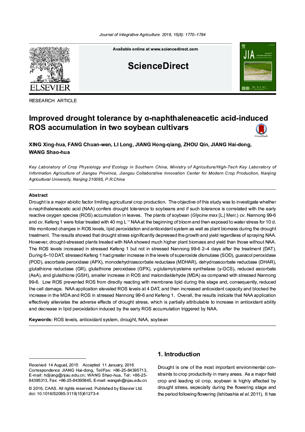 Improved drought tolerance by Î±-naphthaleneacetic acid-induced ROS accumulation in two soybean cultivars