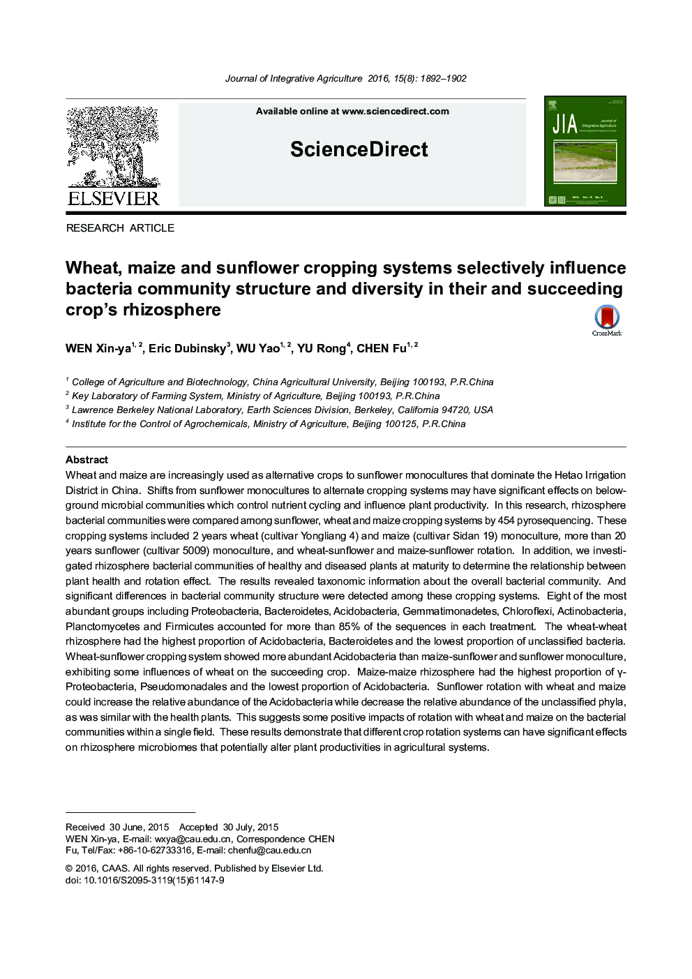 Wheat, maize and sunflower cropping systems selectively influence bacteria community structure and diversity in their and succeeding crop's rhizosphere