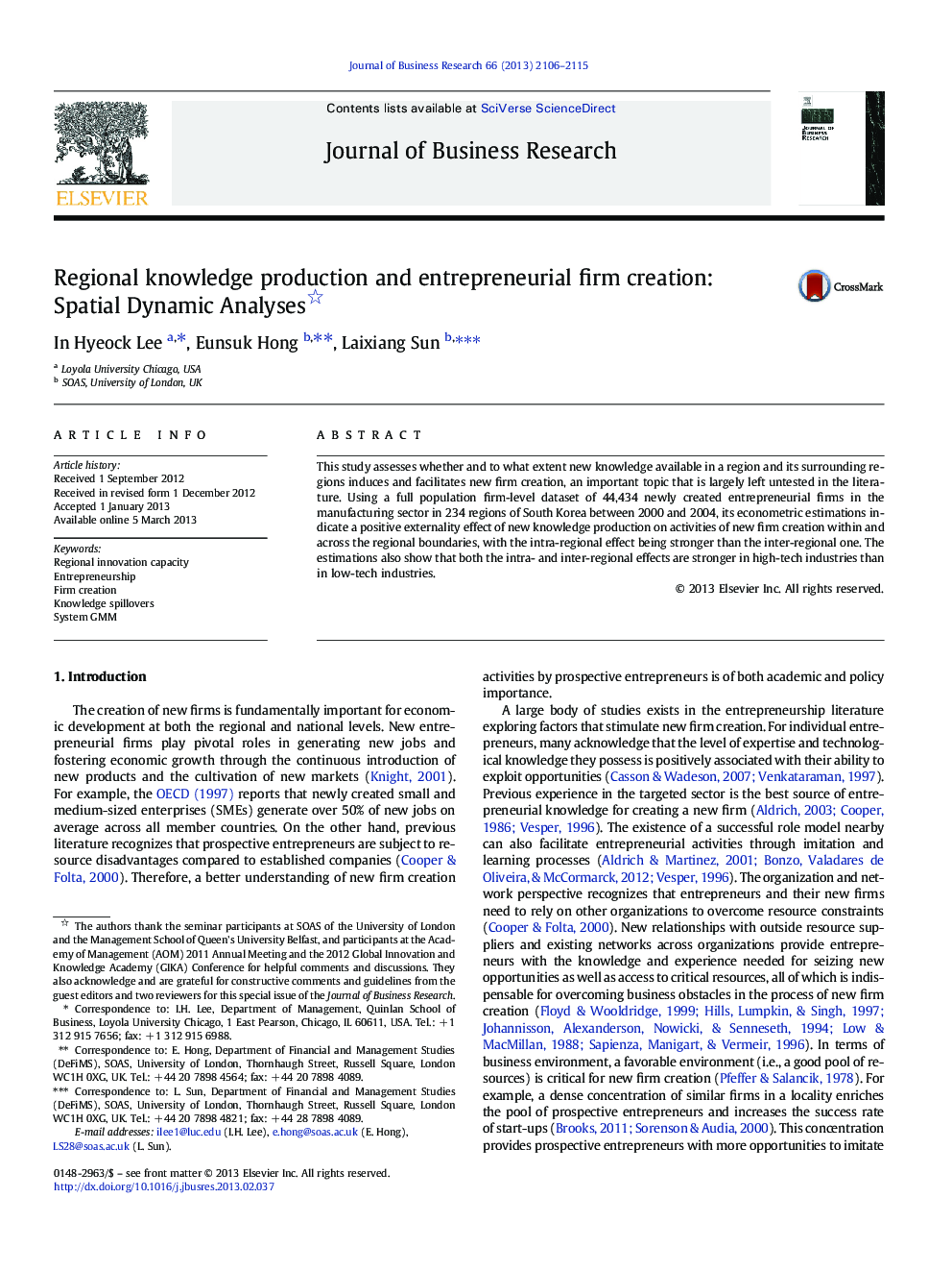 Regional knowledge production and entrepreneurial firm creation: Spatial Dynamic Analyses 