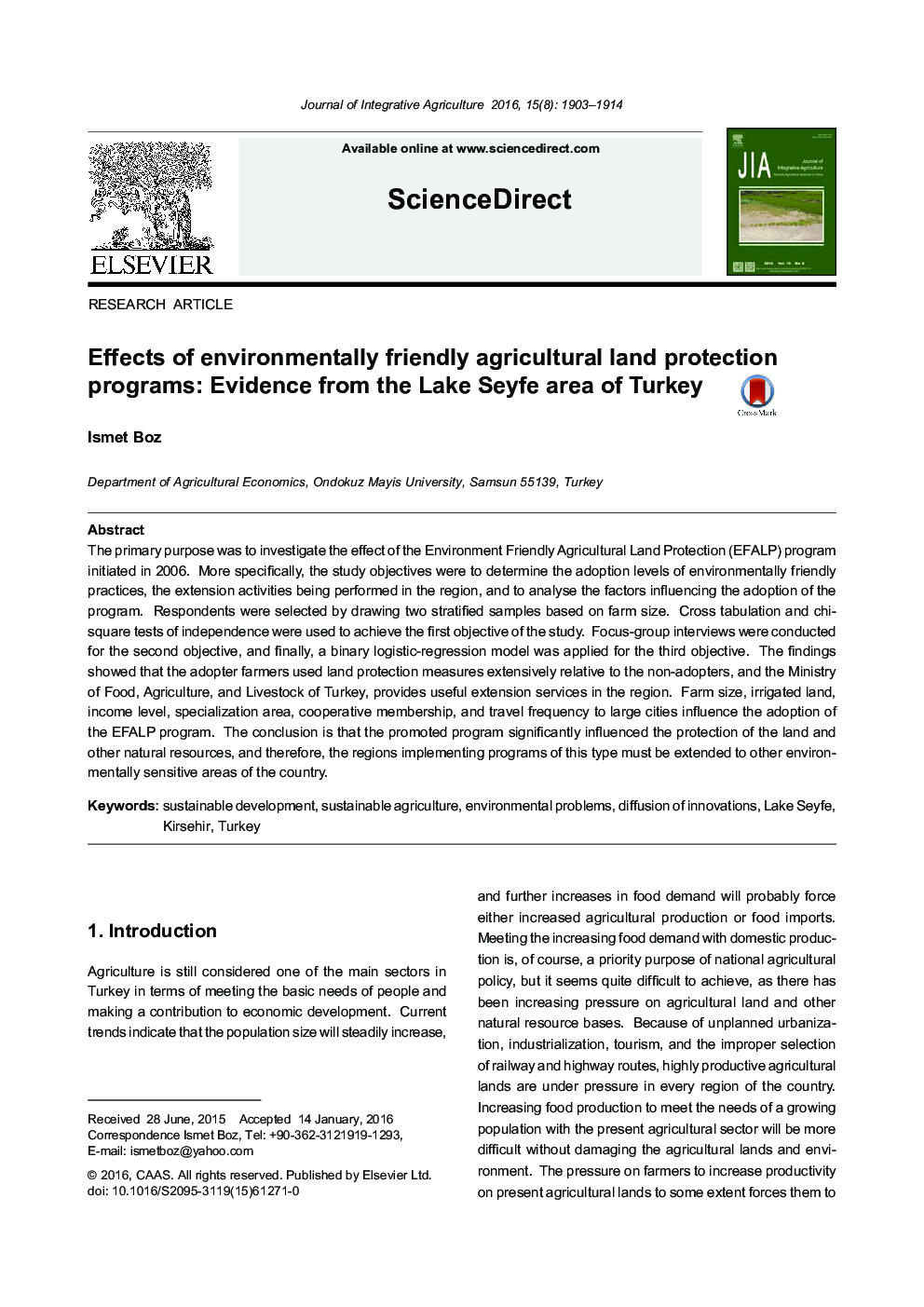 Effects of environmentally friendly agricultural land protection programs: Evidence from the Lake Seyfe area of Turkey