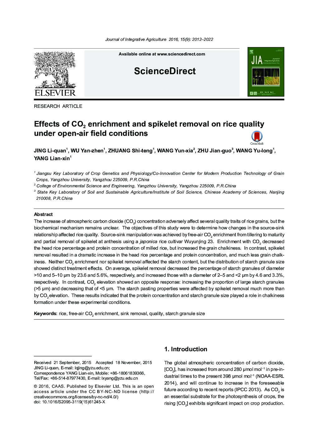 Effects of CO2 enrichment and spikelet removal on rice quality under open-air field conditions