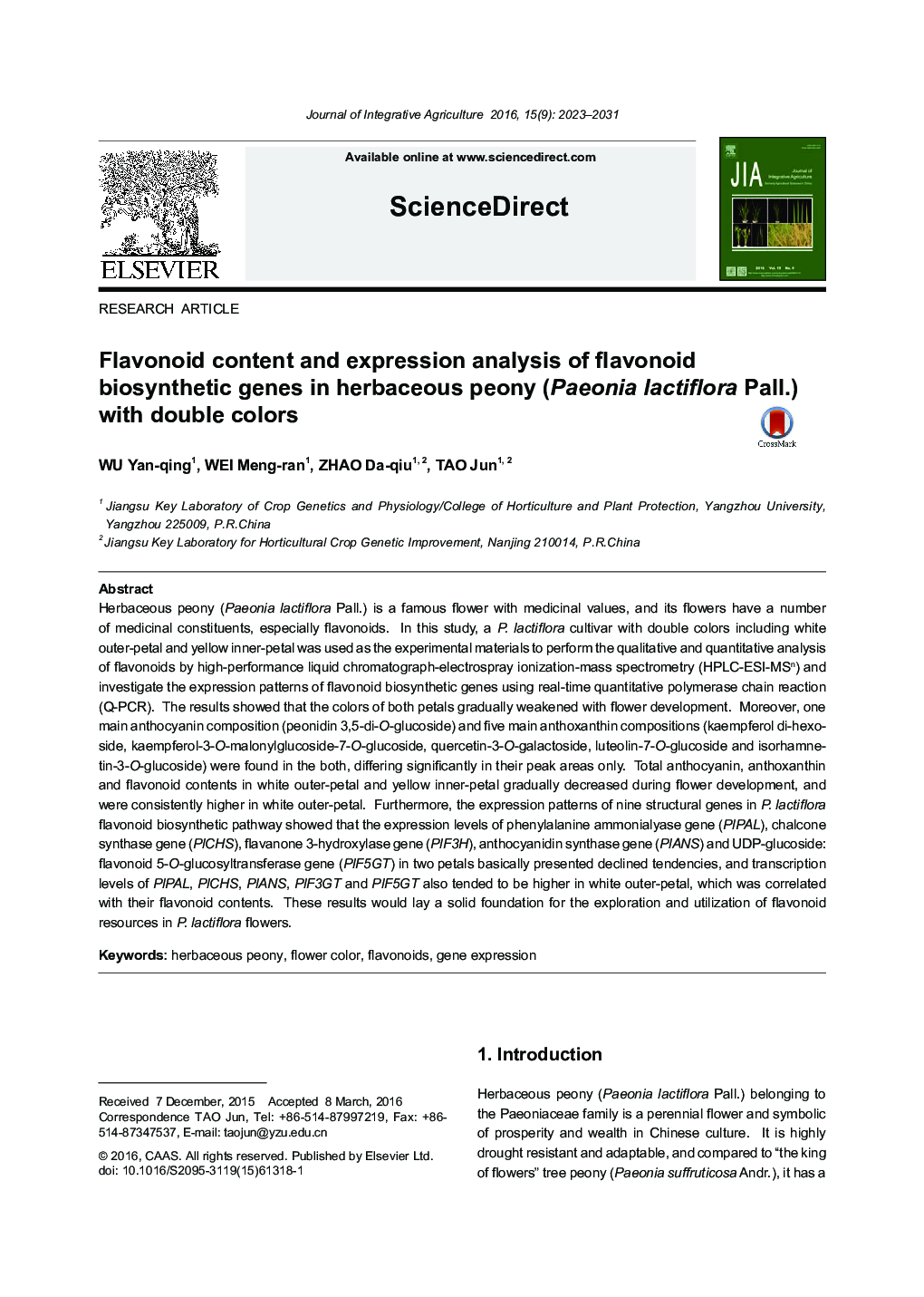 Flavonoid content and expression analysis of flavonoid biosynthetic genes in herbaceous peony (Paeonia lactiflora Pall.) with double colors