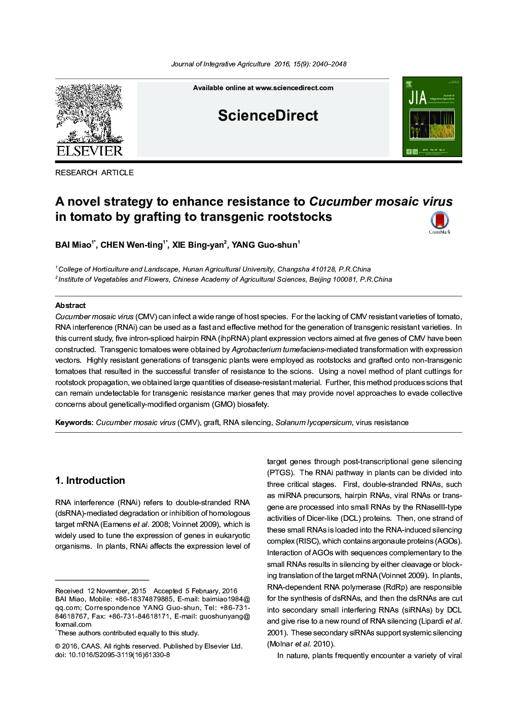 A novel strategy to enhance resistance to Cucumber mosaic virus in tomato by grafting to transgenic rootstocks