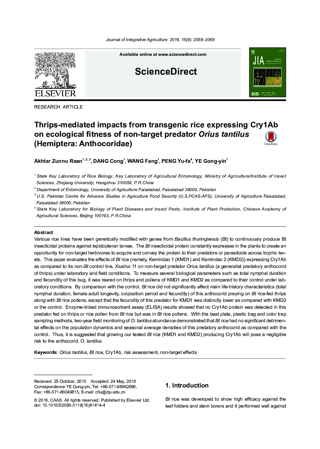 Thrips-mediated impacts from transgenic rice expressing Cry1Ab on ecological fitness of non-target predator Orius tantilus (Hemiptera: Anthocoridae)