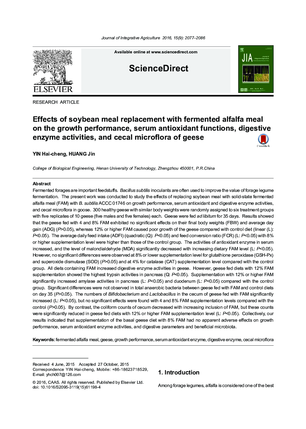 Effects of soybean meal replacement with fermented alfalfa meal on the growth performance, serum antioxidant functions, digestive enzyme activities, and cecal microflora of geese