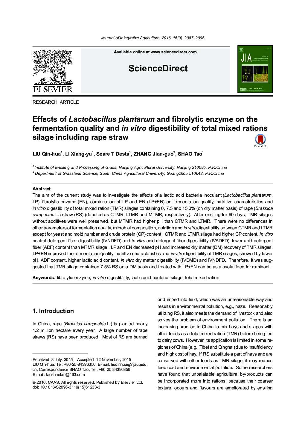 Effects of Lactobacillus plantarum and fibrolytic enzyme on the fermentation quality and in vitro digestibility of total mixed rations silage including rape straw