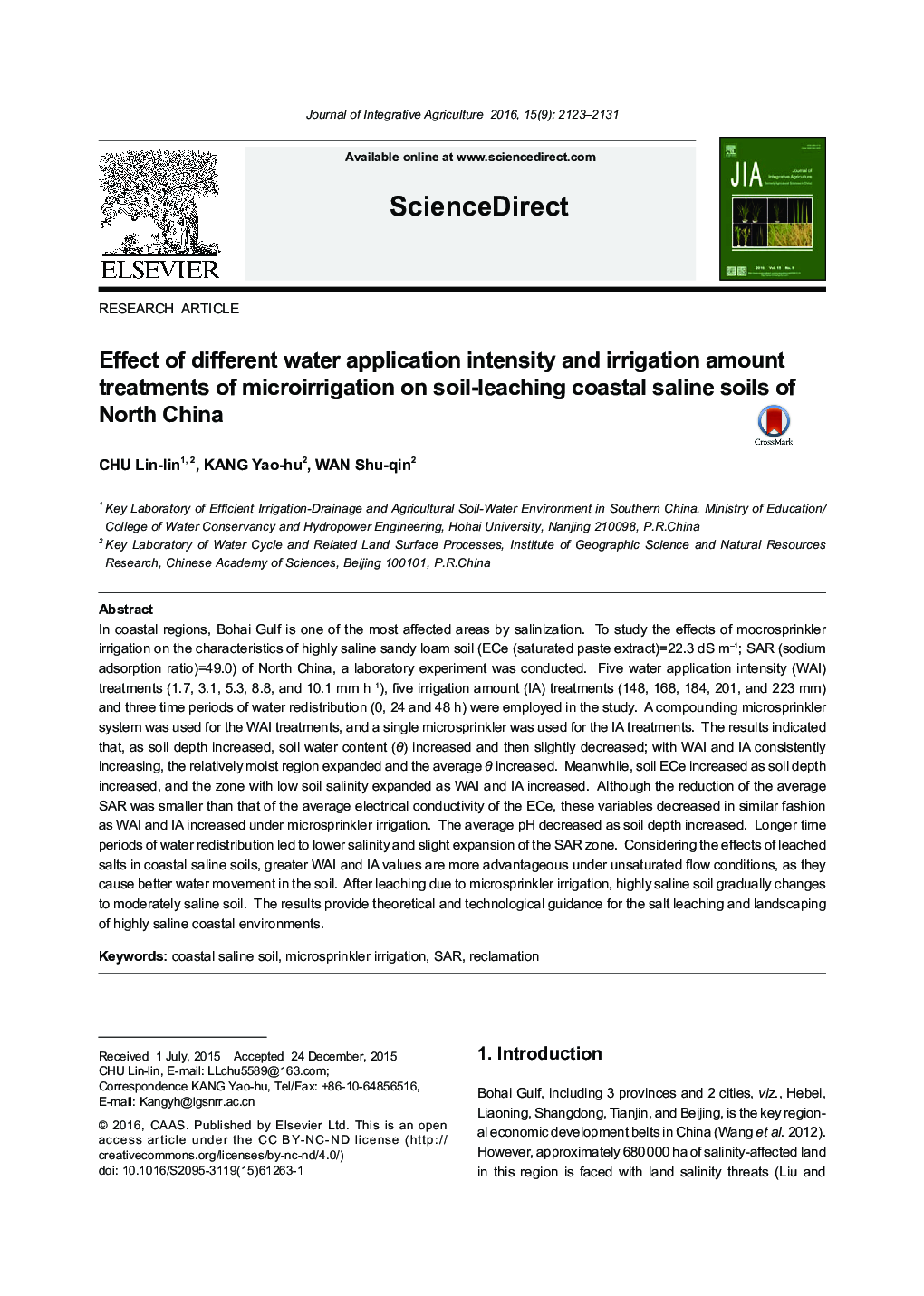 Effect of different water application intensity and irrigation amount treatments of microirrigation on soil-leaching coastal saline soils of North China