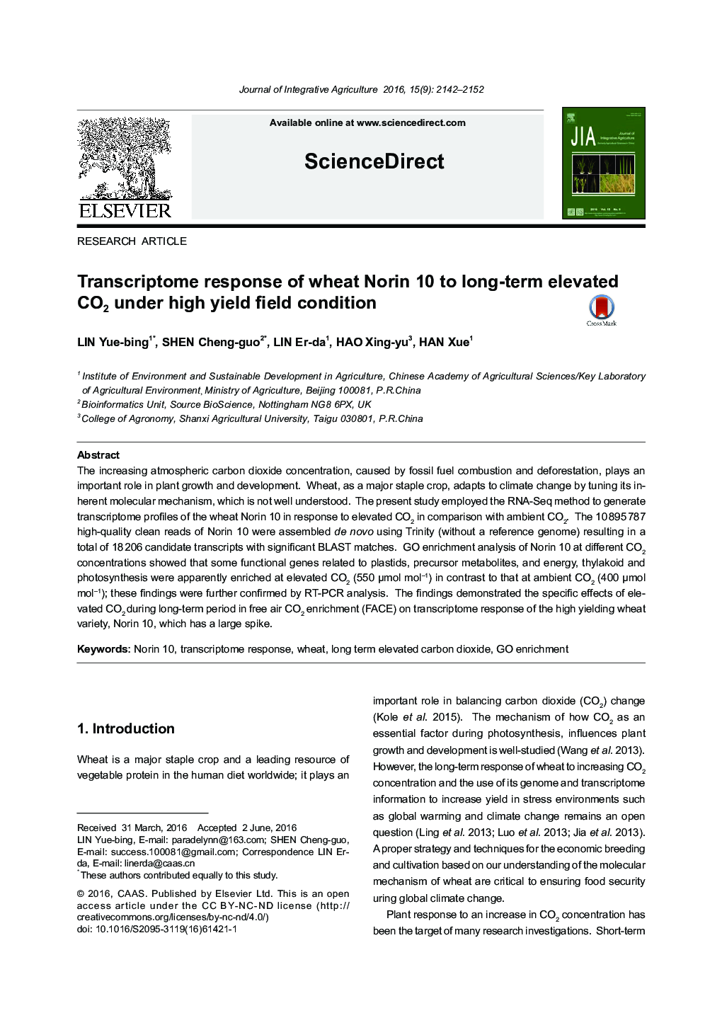 Transcriptome response of wheat Norin 10 to long-term elevated CO2 under high yield field condition