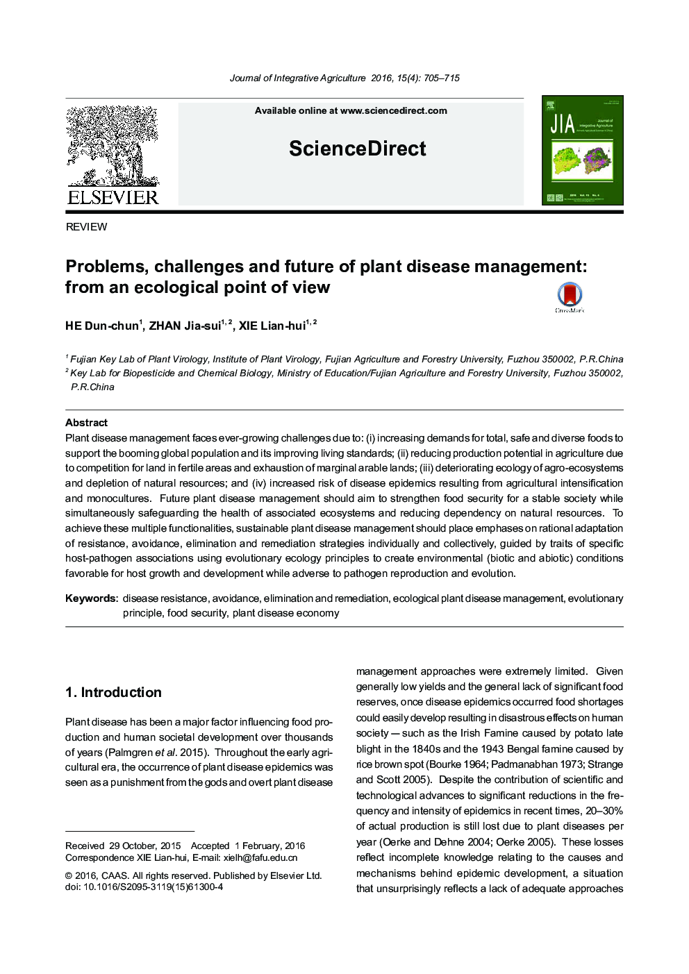 Problems, challenges and future of plant disease management: from an ecological point of view