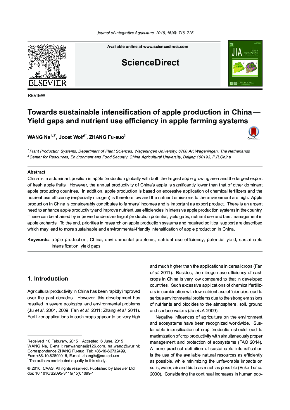 Towards sustainable intensification of apple production in China - Yield gaps and nutrient use efficiency in apple farming systems