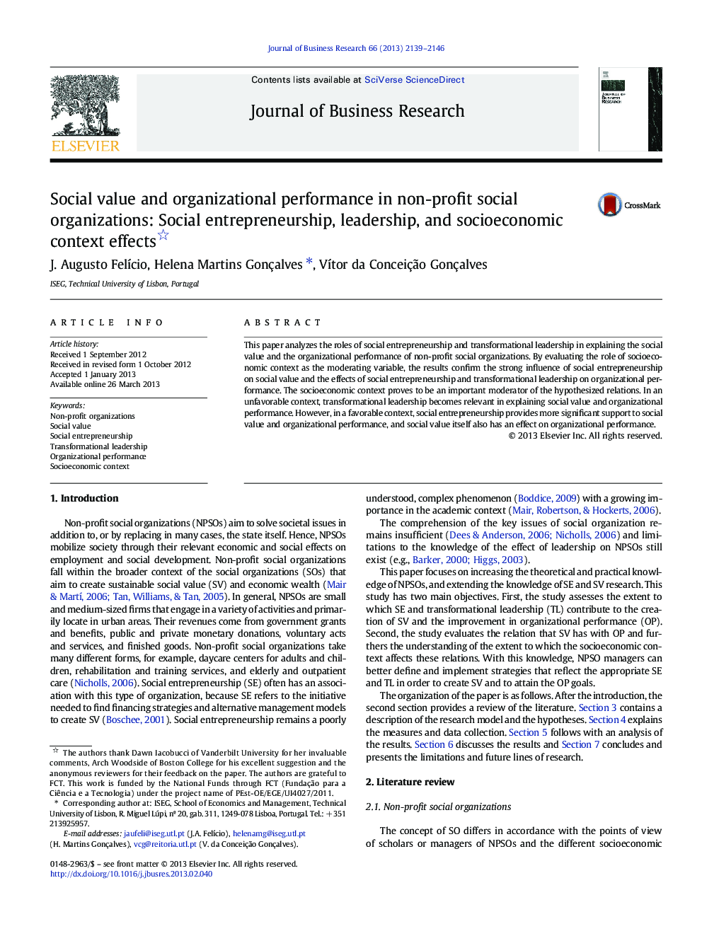 Social value and organizational performance in non-profit social organizations: Social entrepreneurship, leadership, and socioeconomic context effects 