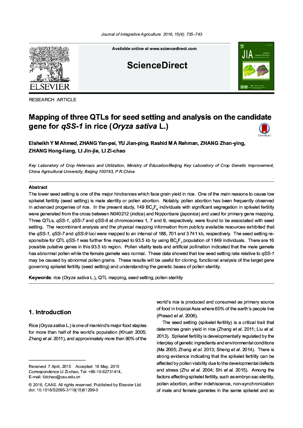 Mapping of three QTLs for seed setting and analysis on the candidate gene for qSS-1 in rice (Oryza sativa L.)