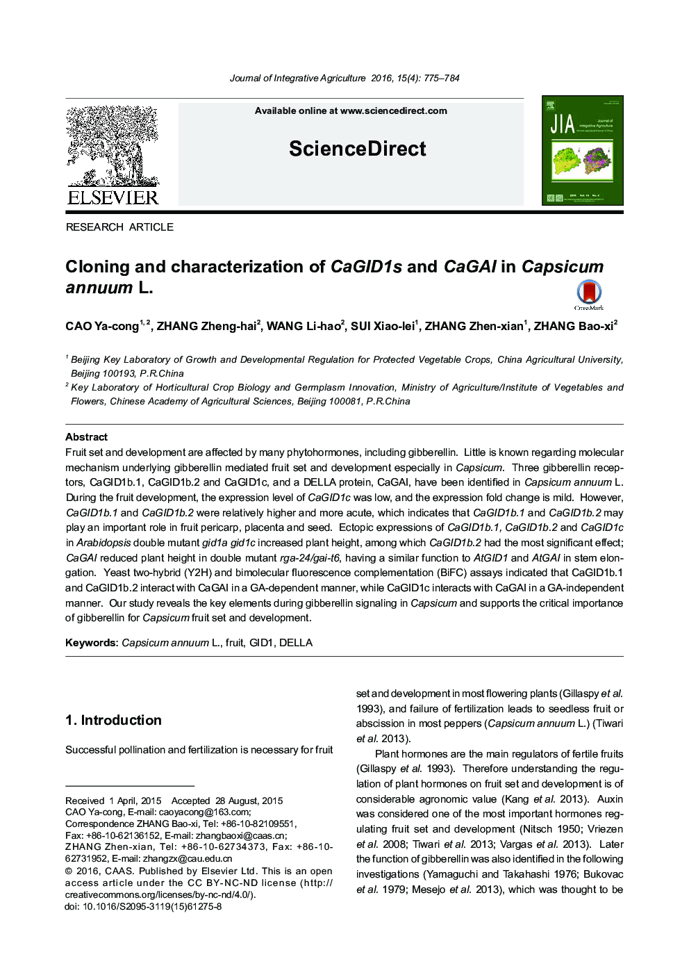 Cloning and characterization of CaGID1s and CaGAI in Capsicum annuum L.