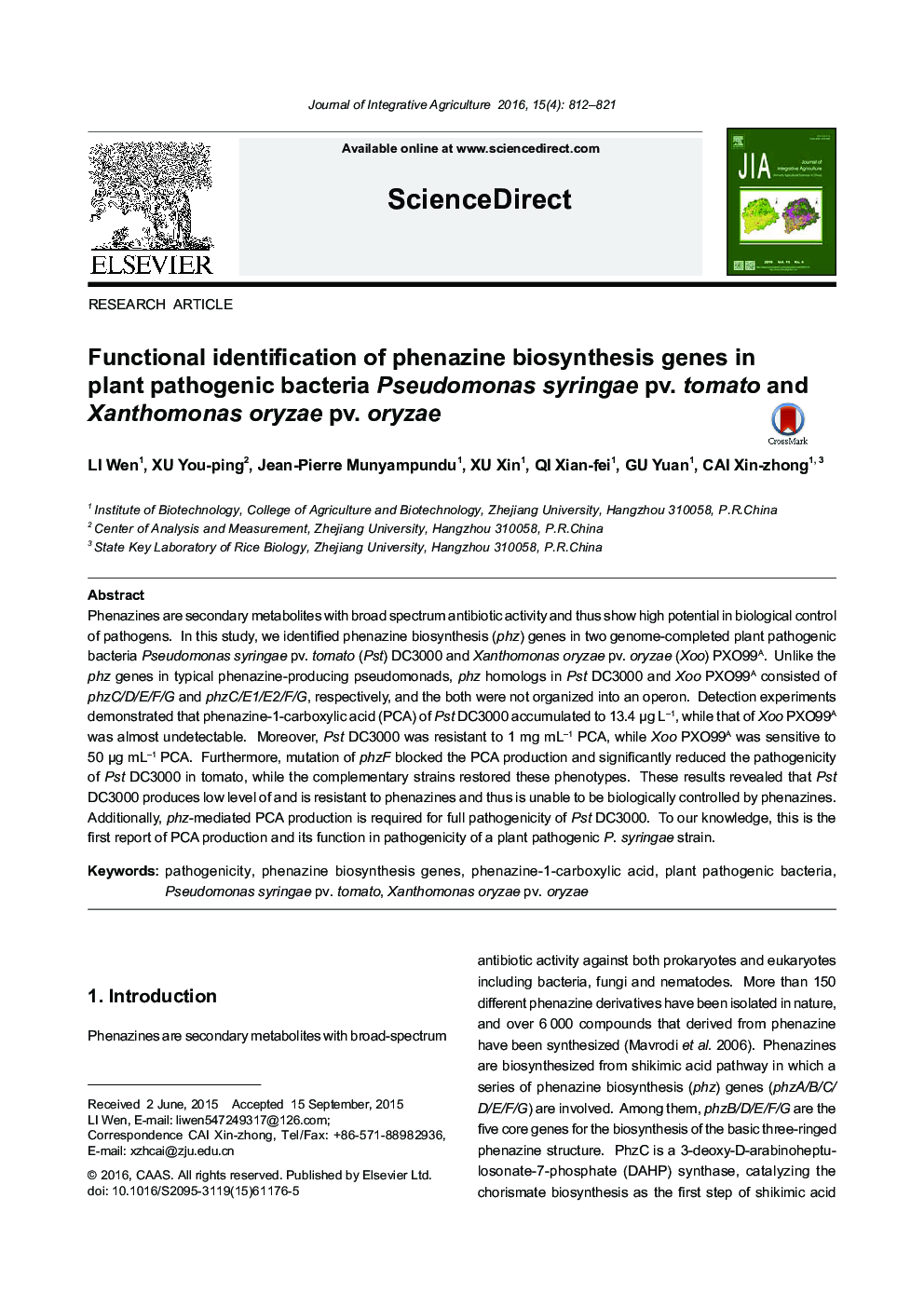 Functional identification of phenazine biosynthesis genes in plant pathogenic bacteria Pseudomonas syringae pv. tomato and Xanthomonas oryzae pv. oryzae