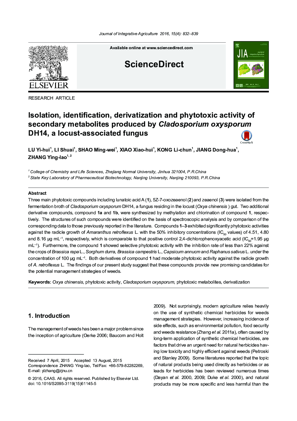 Isolation, identification, derivatization and phytotoxic activity of secondary metabolites produced by Cladosporium oxysporum DH14, a locust-associated fungus