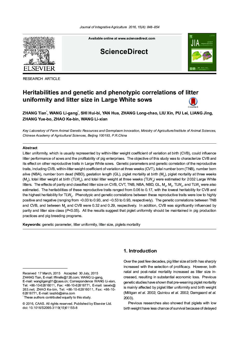 Hritabilities and genetic and phenotypic correlations of litter uniformity and litter size in Large White sows