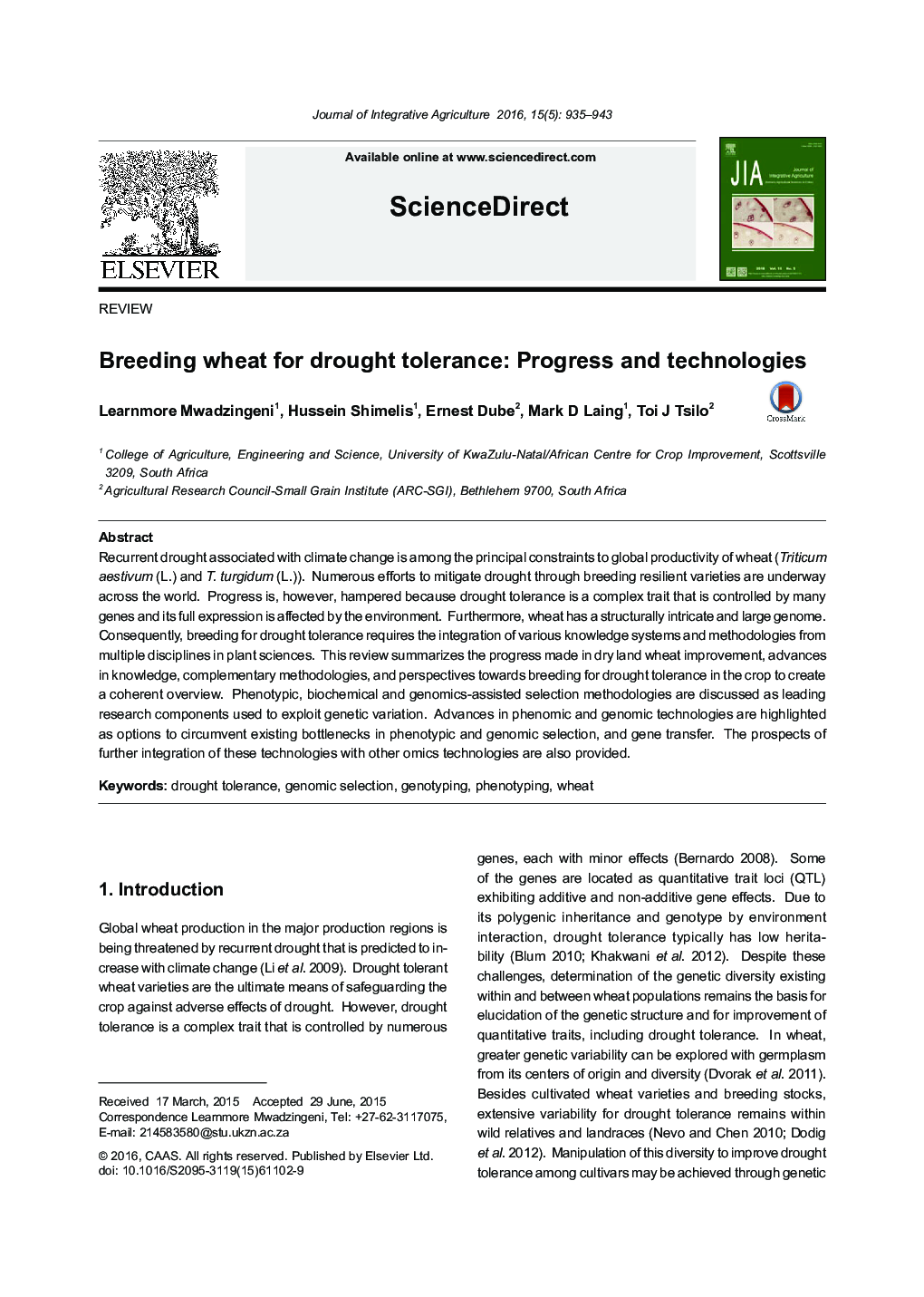 Breeding wheat for drought tolerance: Progress and technologies