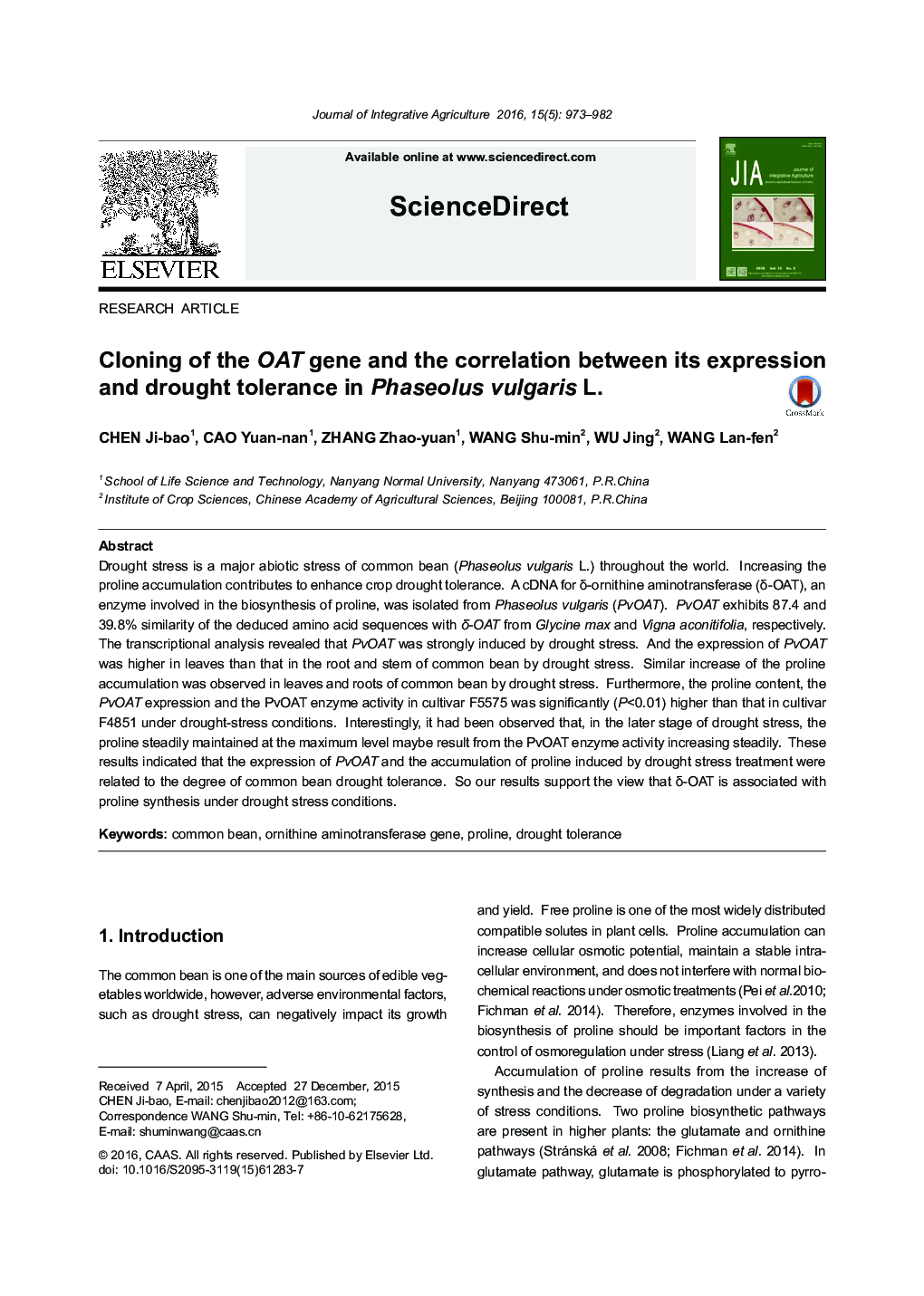 Cloning of the OAT gene and the correlation between its expression and drought tolerance in Phaseolus vulgaris L.