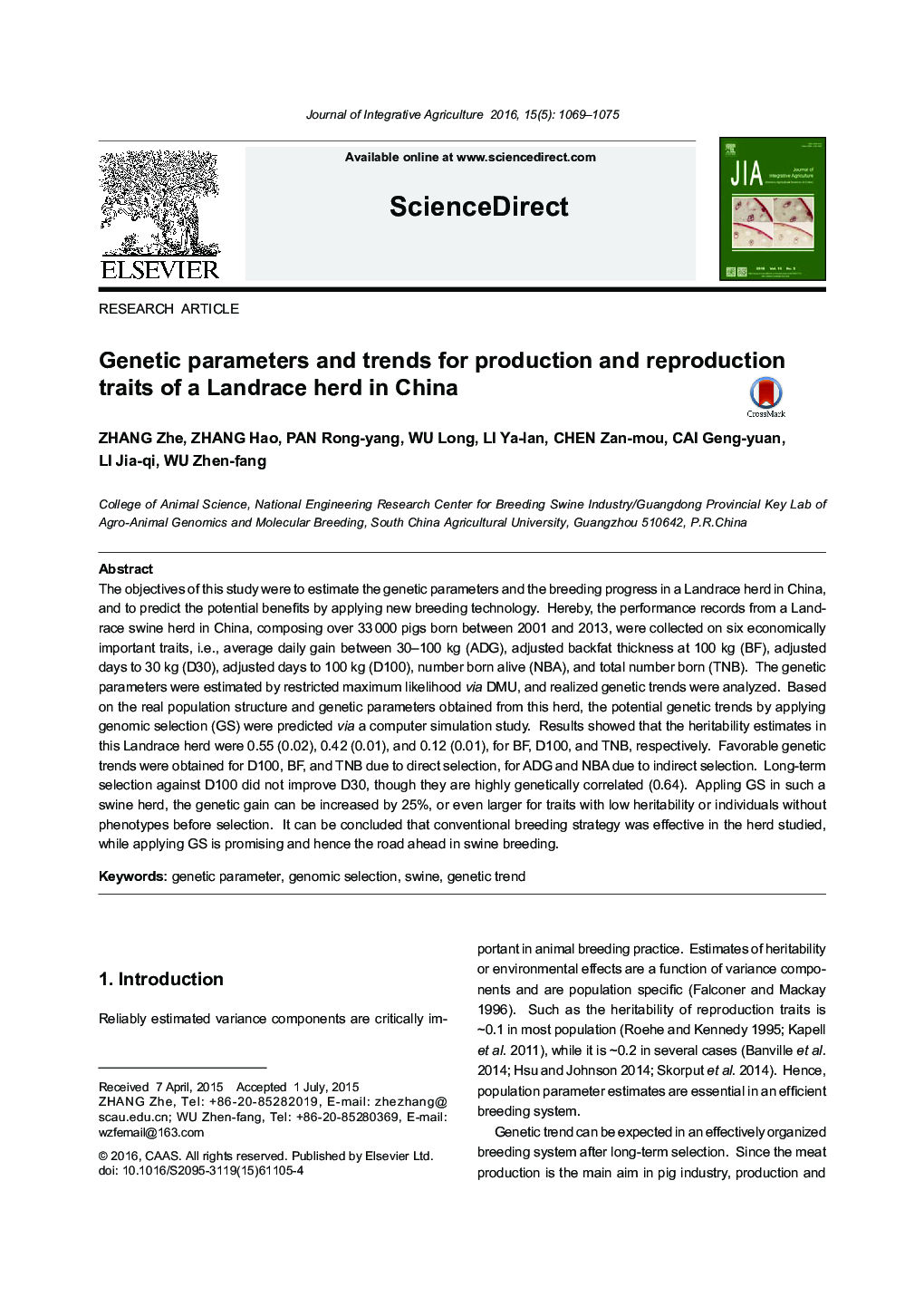 Genetic parameters and trends for production and reproduction traits of a Landrace herd in China