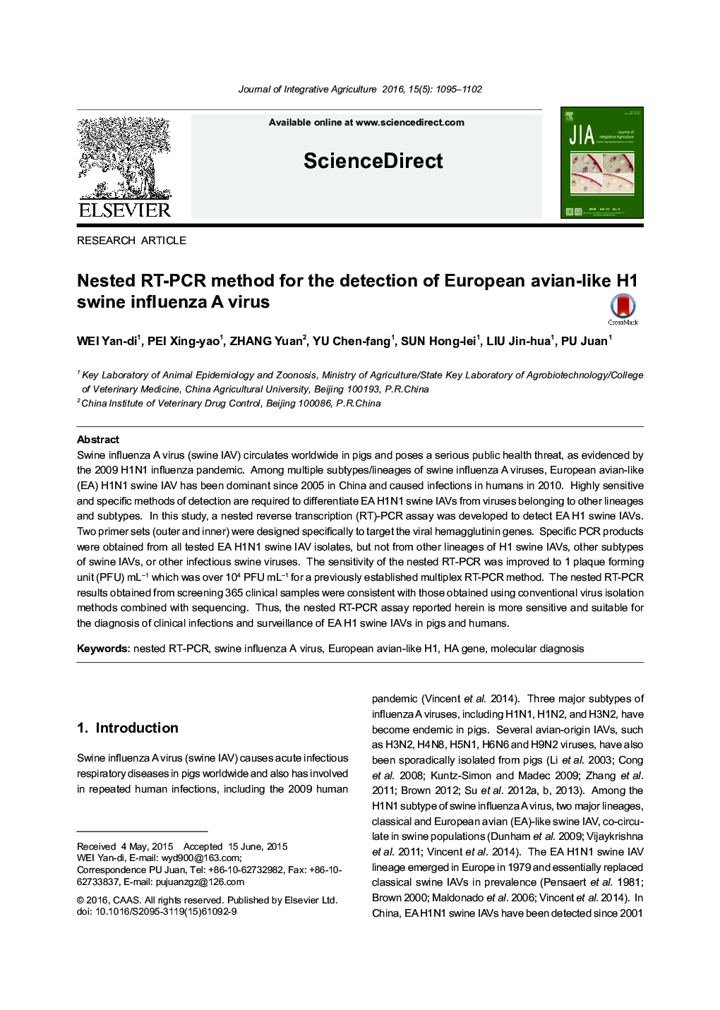 Nested RT-PCR method for the detection of European avian-like H1 swine influenza A virus