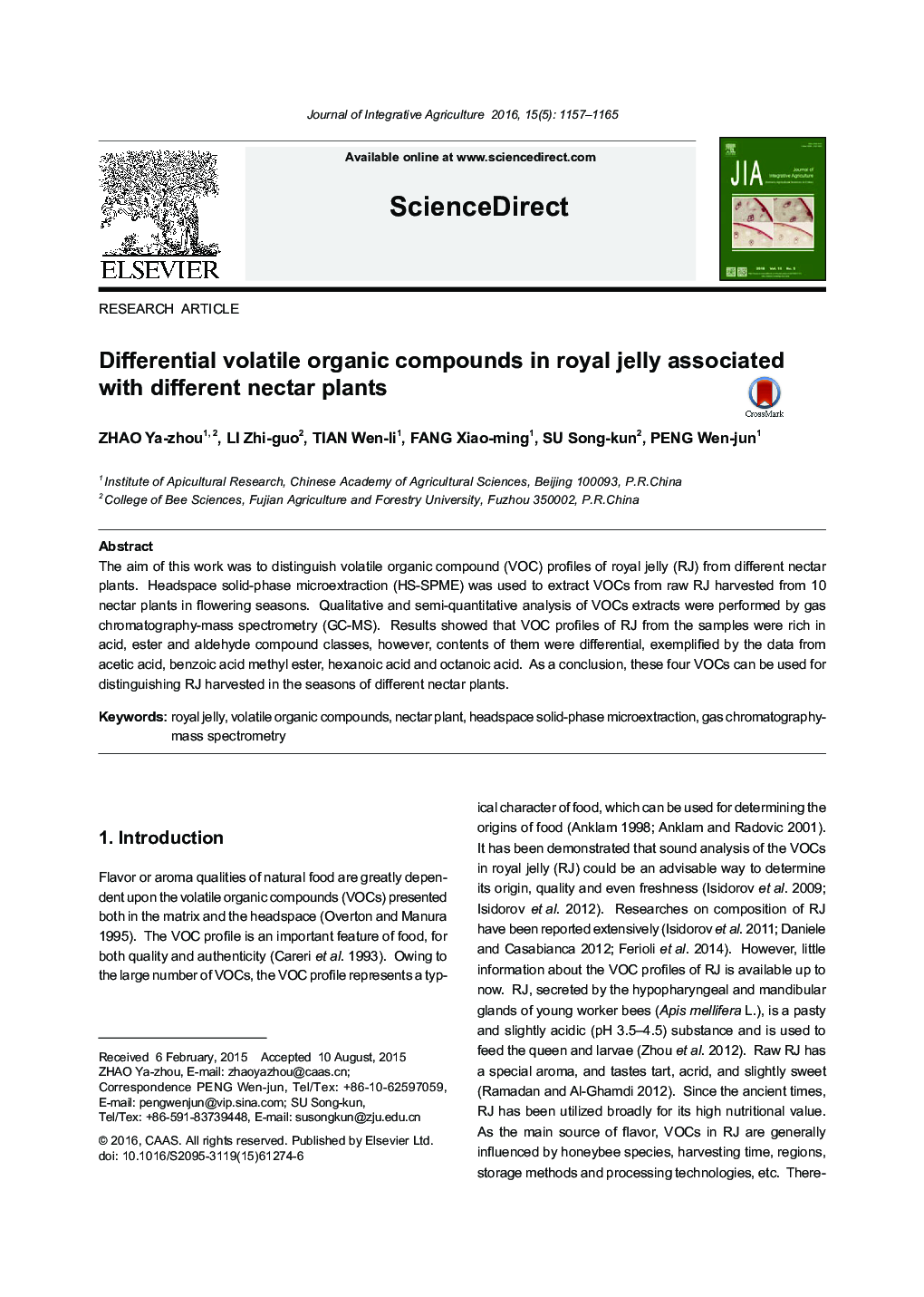 Differential volatile organic compounds in royal jelly associated with different nectar plants