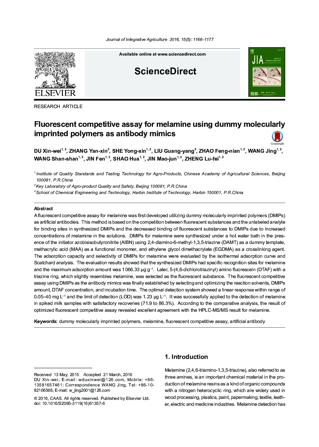 Fluorescent competitive assay for melamine using dummy molecularly imprinted polymers as antibody mimics