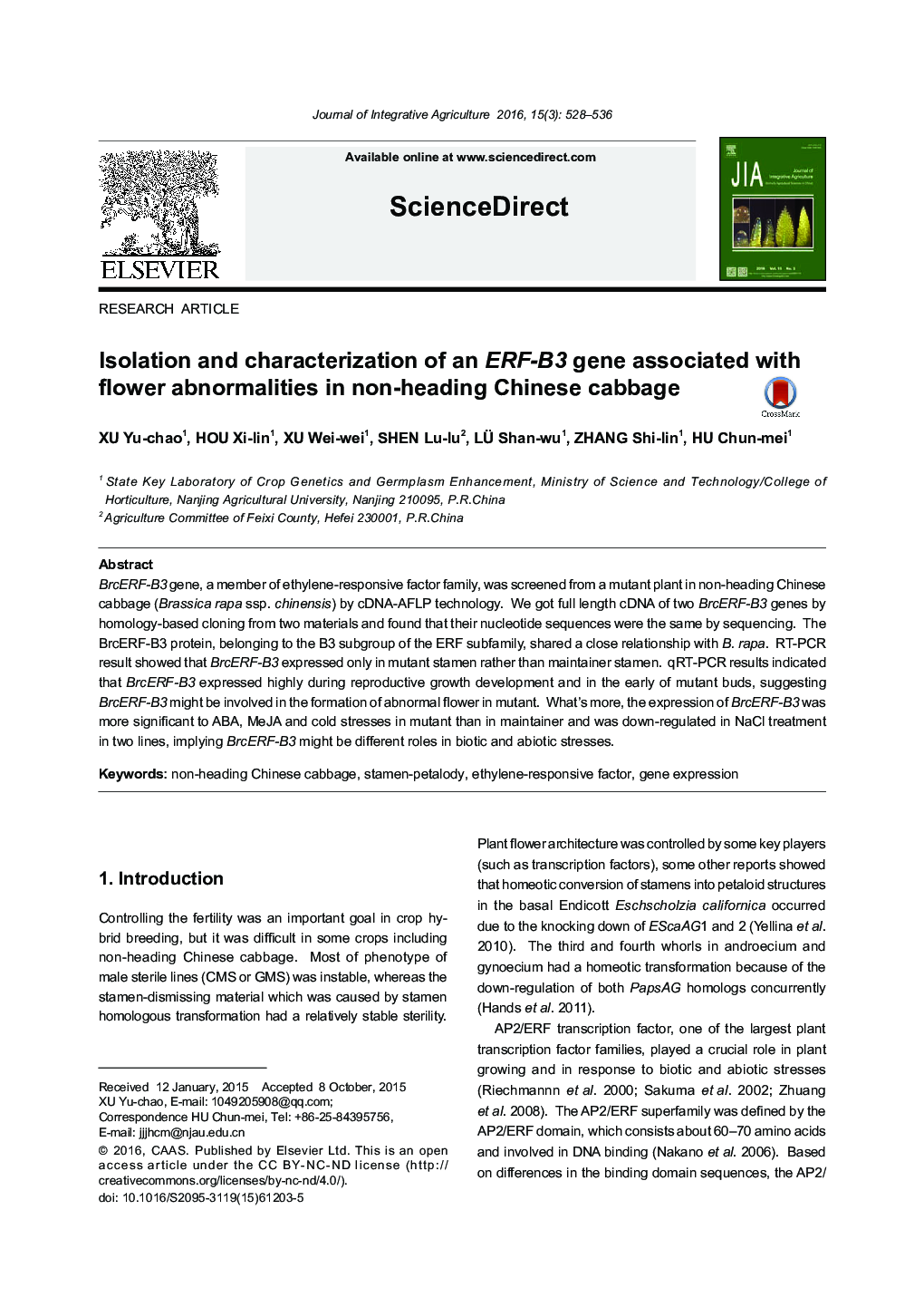 Isolation and characterization of an ERF-B3 gene associated with flower abnormalities in non-heading Chinese cabbage