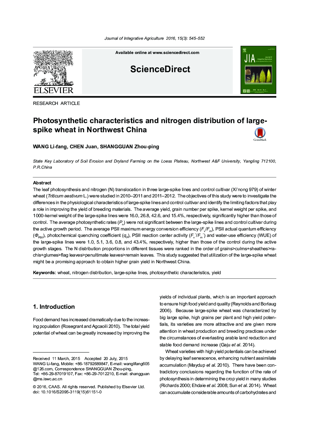 Photosynthetic characteristics and nitrogen distribution of large-spike wheat in Northwest China