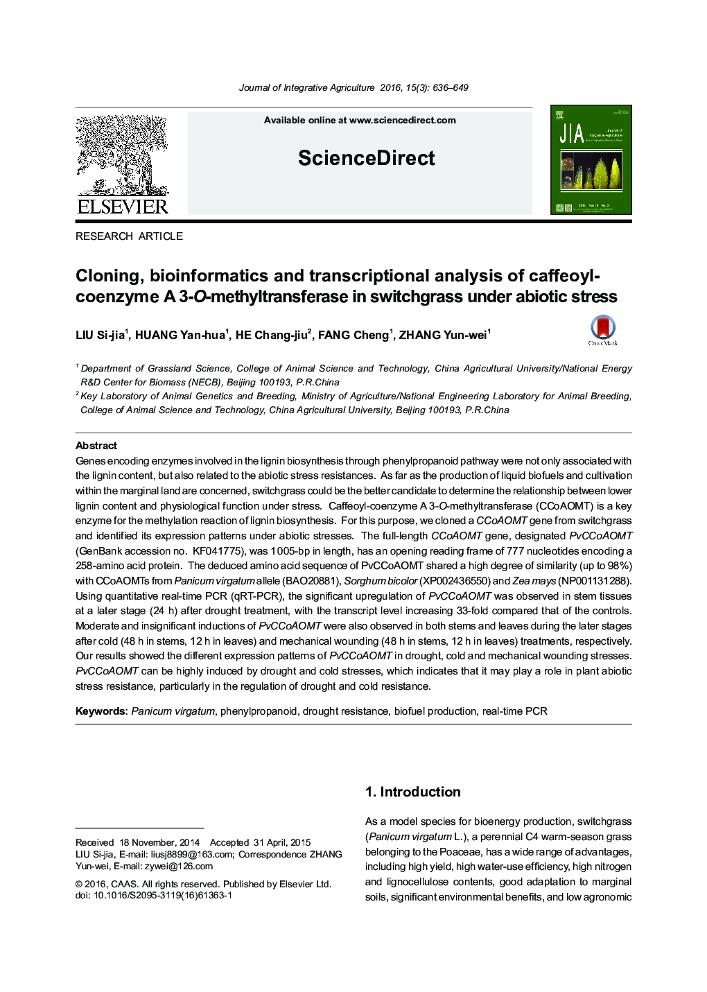 Cloning, bioinformatics and transcriptional analysis of caffeoyl-coenzyme A 3-O-methyltransferase in switchgrass under abiotic stress