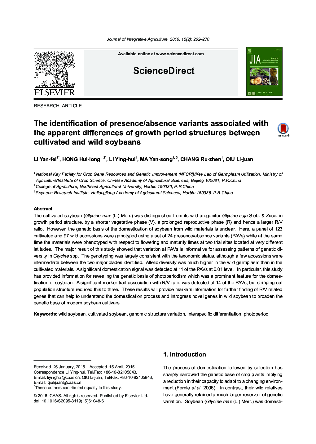 The identification of presence/absence variants associated with the apparent differences of growth period structures between cultivated and wild soybeans