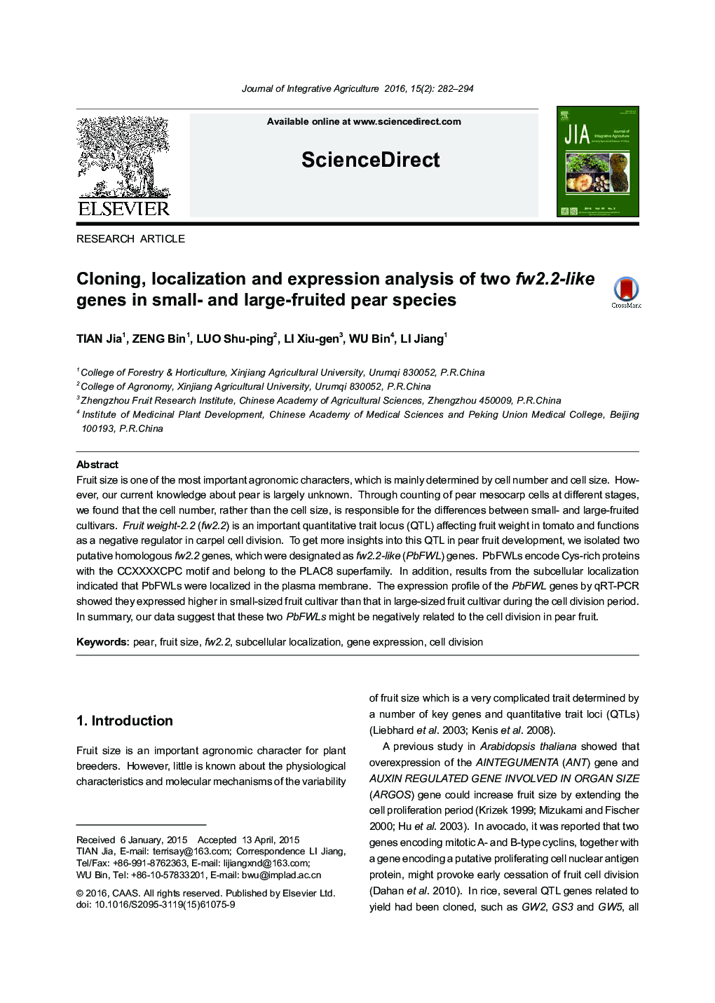 Cloning, localization and expression analysis of two fw2.2-like genes in small- and large-fruited pear species