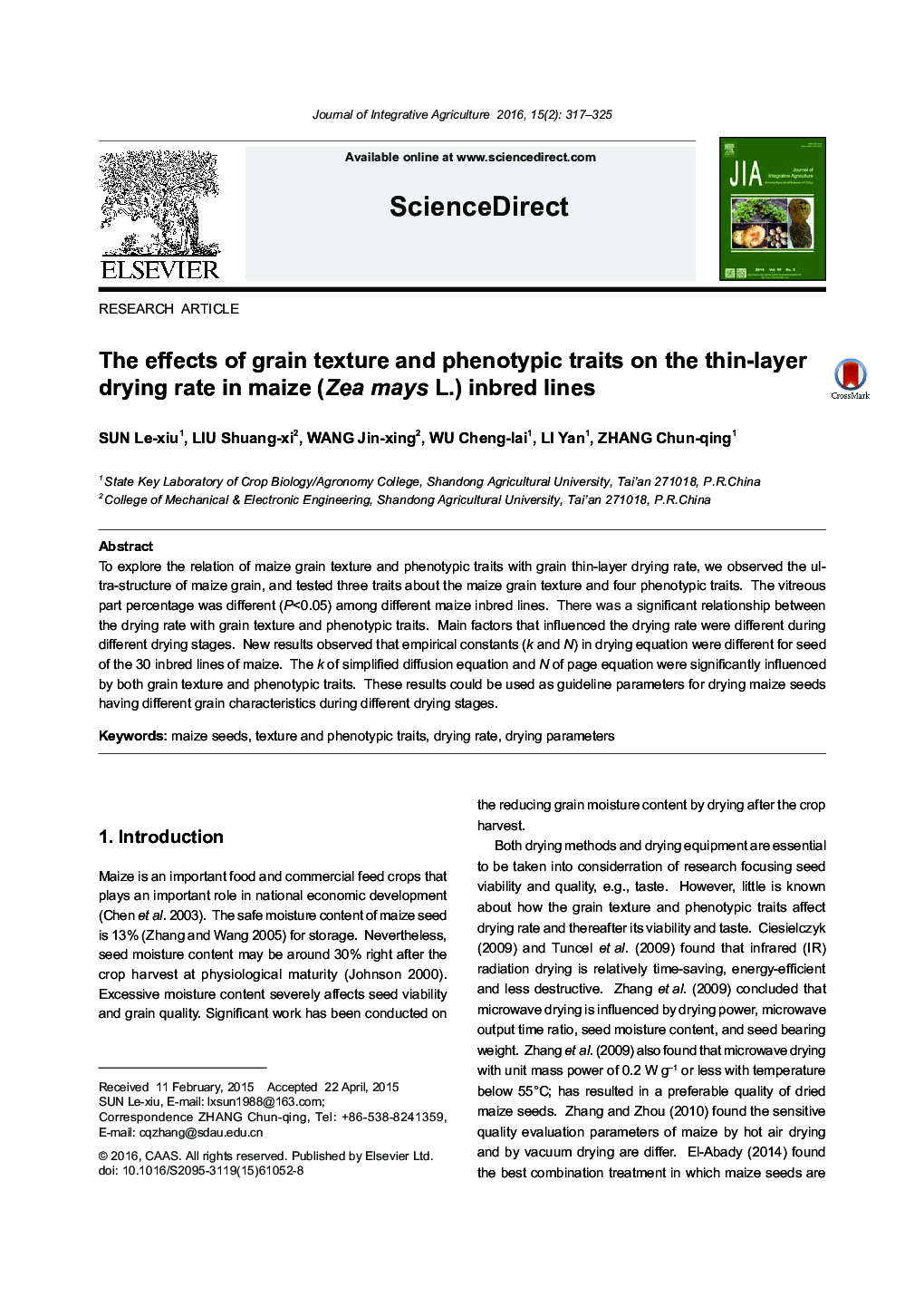 The effects of grain texture and phenotypic traits on the thin-layer drying rate in maize (Zea mays L.) inbred lines