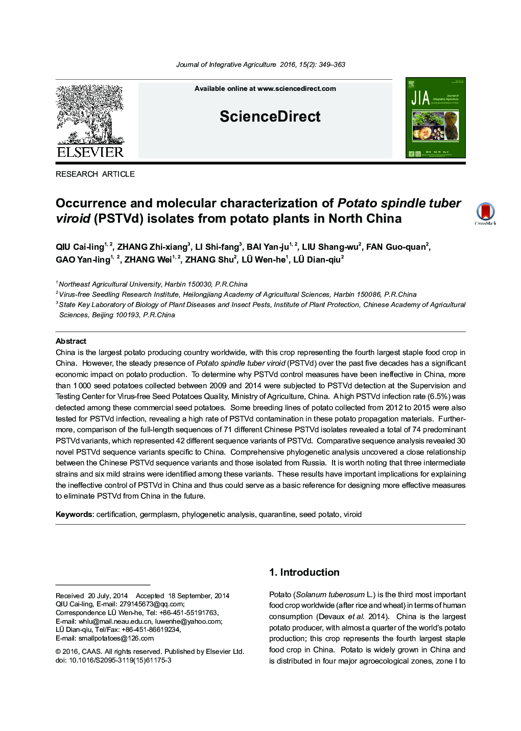 Occurrence and molecular characterization of Potato spindle tuber viroid (PSTVd) isolates from potato plants in North China