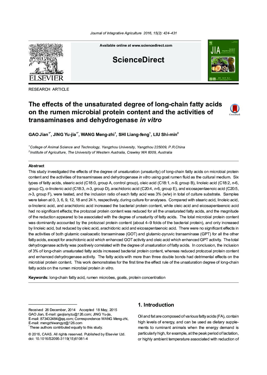 The effects of the unsaturated degree of long-chain fatty acids on the rumen microbial protein content and the activities of transaminases and dehydrogenase in vitro