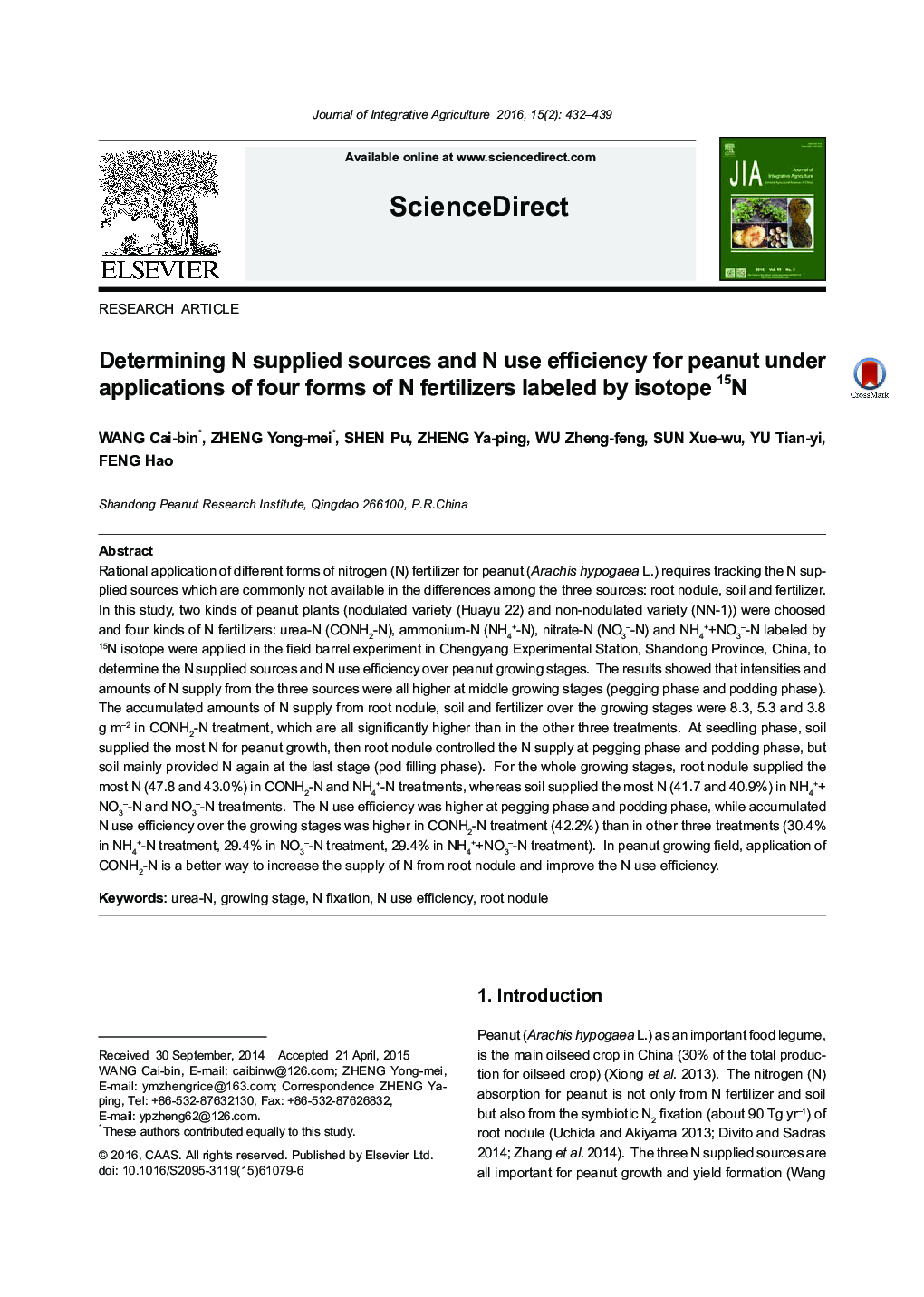 Determining N supplied sources and N use efficiency for peanut under applications of four forms of N fertilizers labeled by isotope 15N