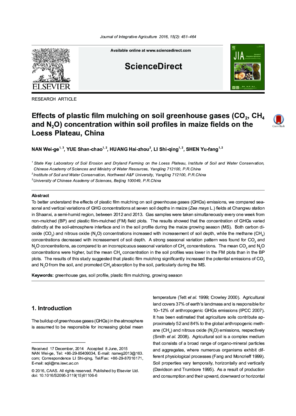 Effects of plastic film mulching on soil greenhouse gases (CO2, CH4 and N2O) concentration within soil profiles in maize fields on the Loess Plateau, China