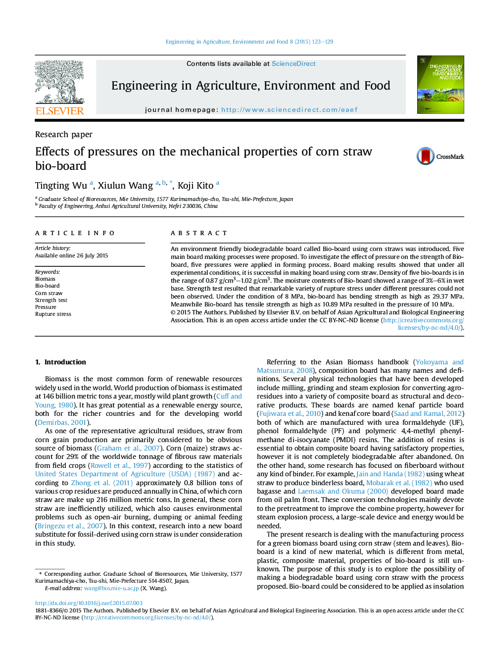 Effects of pressures on the mechanical properties of corn straw bio-board