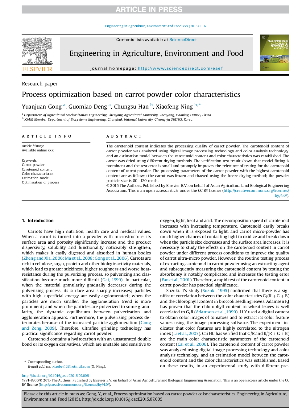 Process optimization based on carrot powder color characteristics