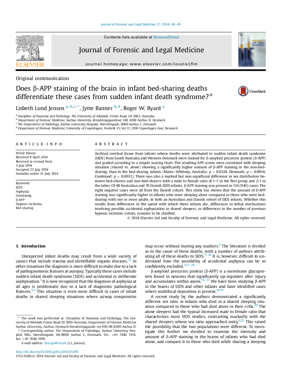 Does β-APP staining of the brain in infant bed-sharing deaths differentiate these cases from sudden infant death syndrome? 