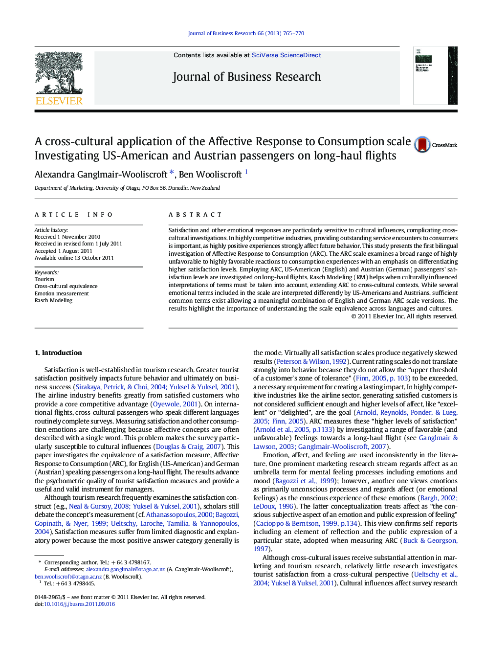 A cross-cultural application of the Affective Response to Consumption scale: Investigating US-American and Austrian passengers on long-haul flights