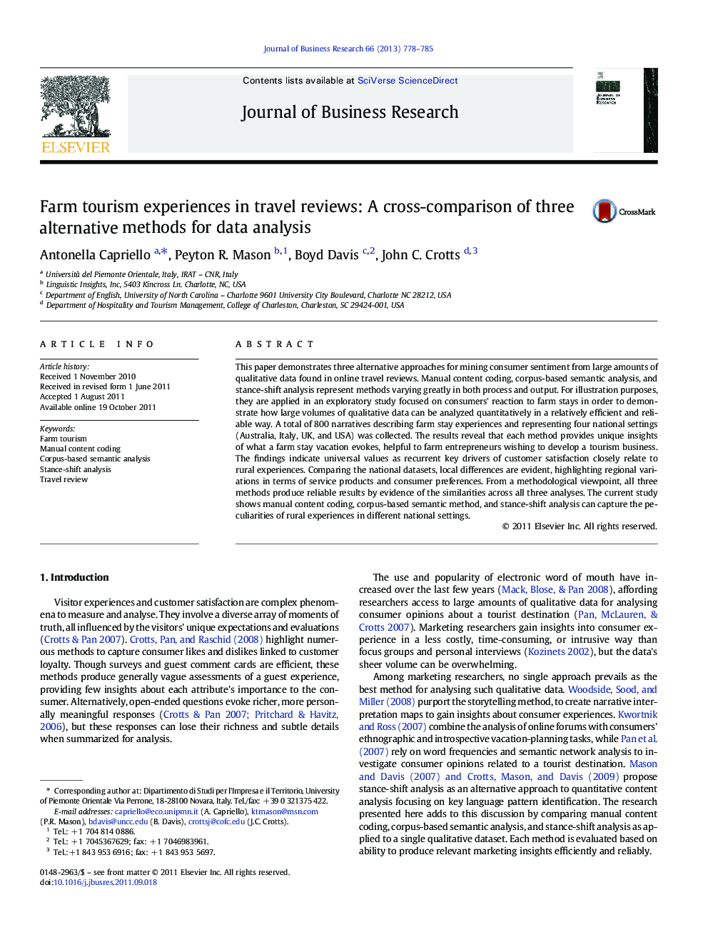 Farm tourism experiences in travel reviews: A cross-comparison of three alternative methods for data analysis